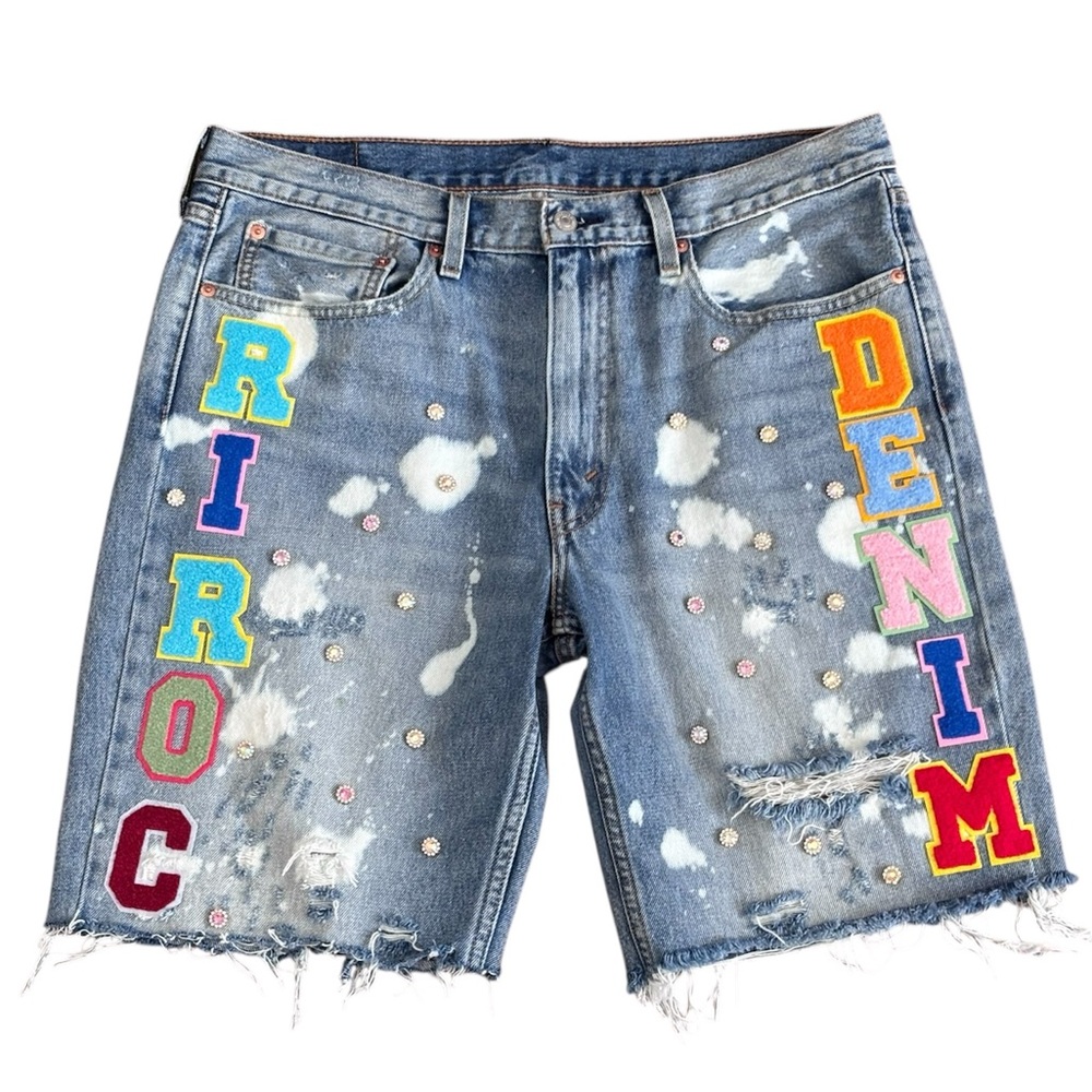Embroidered Distressed Denim Shorts Custom made by Ri -ROC Levi’s shorts - Picture 2 of 8